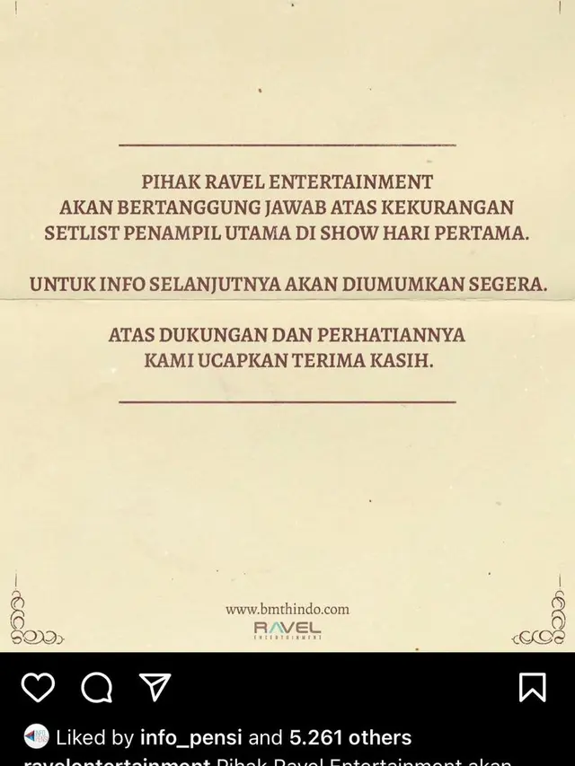 Penyataan Ravel Entertainment, promotor konser BMTH (Instagram)