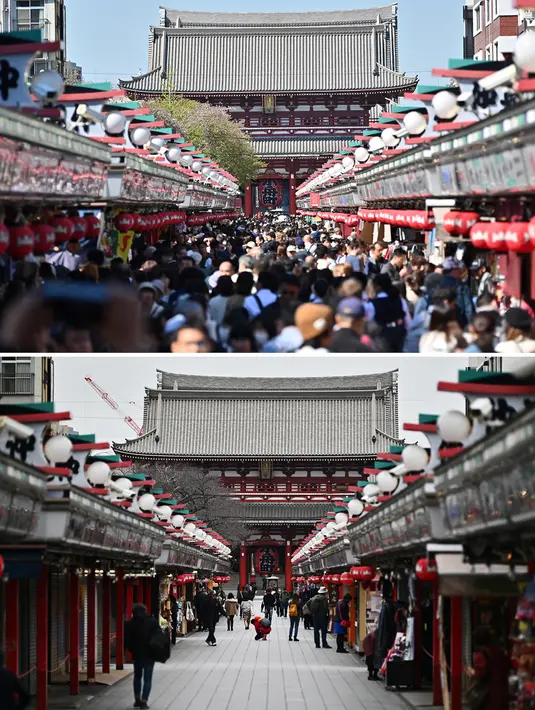 Warga mengunjungi Kuil Sensoji di Distrik Asakusa Tokyo pada 16 April 2019 (atas) dan pada 9 Maret 2020. (Charly TRIBALLEAU/AFP)