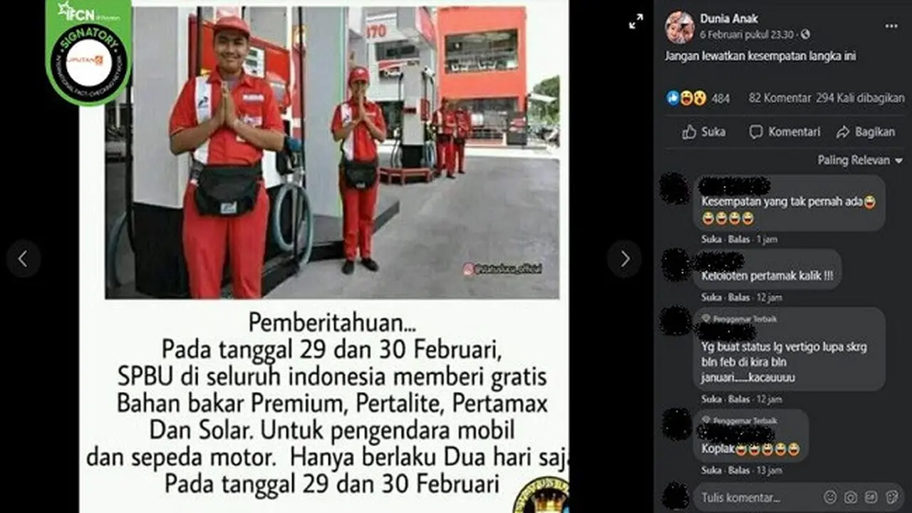 Gambar Tangkapan Layar Kabar Hoaks tentang Gratis Isi BBM pada 29 dan 30 Februari 2021