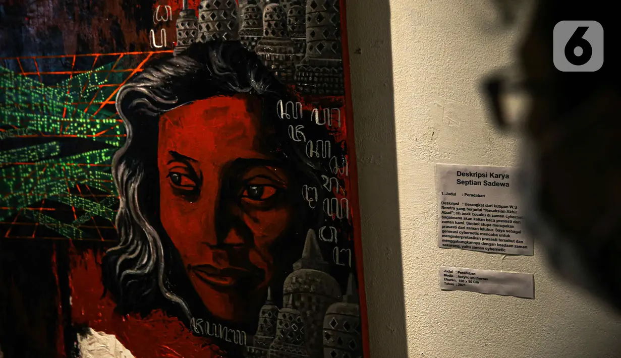 Lukisan ditampilkan dalam pameran bertajuk "Hai, Kamu!" di Balai Budaya, Jakarta, Kamis (4/11/2021). Pameran ini akan berlangsung hingga 9 November 2021. (Liputan6.com/Faizal Fanani)