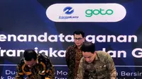 PT GoTo Gojek Tokopedia Tbk (GOTO) menandatangani nota kesepahaman atau Memorandum of Understanding (MoU) dengan PT Transportasi Jakarta (TransJakarta/TJ) untuk mengambangkan intergasi layanan transportasi publik.
