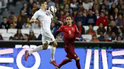 Penyerang Serbia, Aleksandar Mitrovic mengontrol bola dari kejaran bek Portugal Ricardo Carvalho pada kualifikasi Piala Eropa 2016 di stadion Luz, Lisbon, Minggu (29/3/2015). Portugal menang 2-1 atas Georgia. (REUTERS/Rafael Marchante)