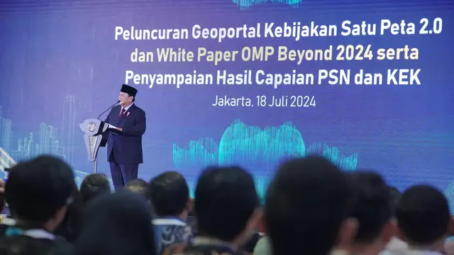 Menteri Pertahanan Republik Indonesia sekaligus presiden terpilih 2024-2029, Prabowo Subianto saat menghadiri acara Geoportal Satu Peta 2.0 dan White Paper OMP Beyond 2024 di St. Regis, Jakarta Selatan, Kamis (18/7) sore (Tim Media Prabowo Subianto)