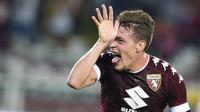 Striker Torino, Andrea Belotti, melakukan selebrasi usai mencetak gol ke gawang Bologna pada lanjutan laga Serie A di Stadion Olimpic, Turin (28/08/2016). (EPA/Alessandro Di Marco)