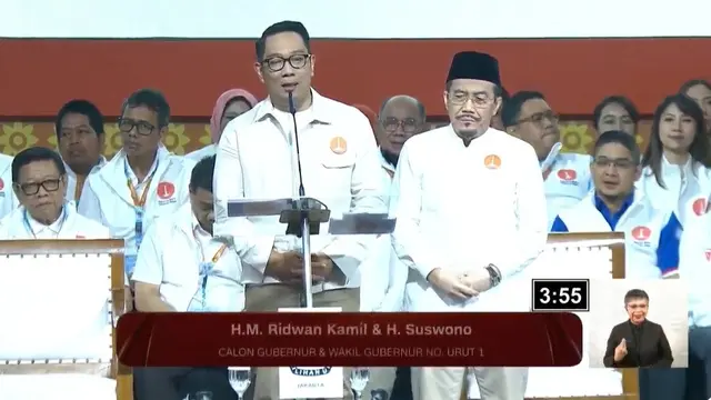 Pasangan calon gubernur dan calon wakil gubernur nomor 1 Ridwan Kamil-Suswono saat membacakan visi misi di debat kedua Pilgub Jakarta 2024.