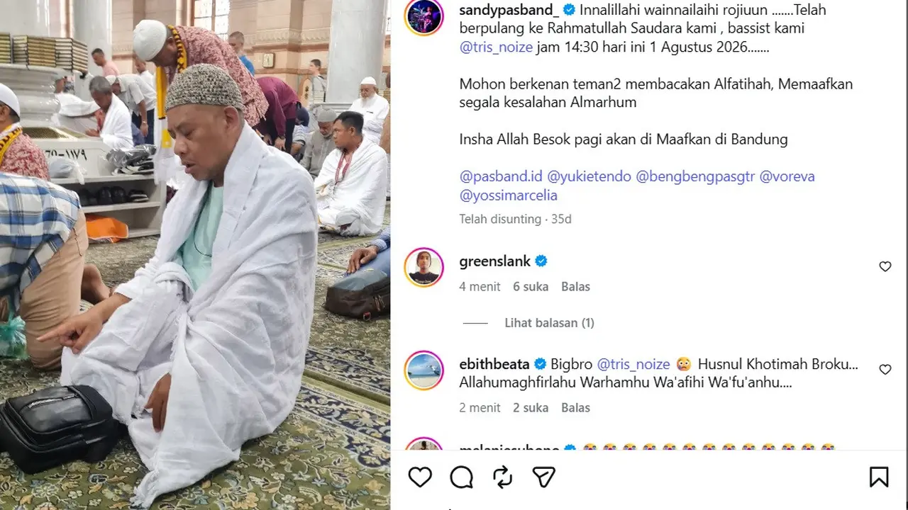 Unggahan Sandy Pas Band mengenai meninggalnya Trisno. (Instagram/ sandypasband_)