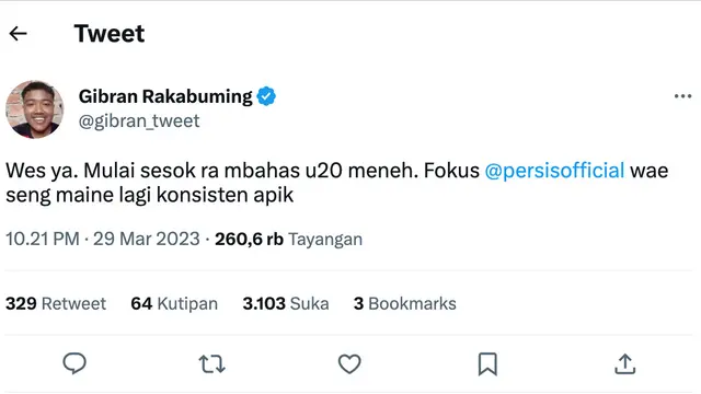 Cuitan Gibran Rakabuming setelah Indonesia gagal jadi tuan rumah Piala Dunia U-20. (Foto: Dok. Twitter @gibran_tweet)