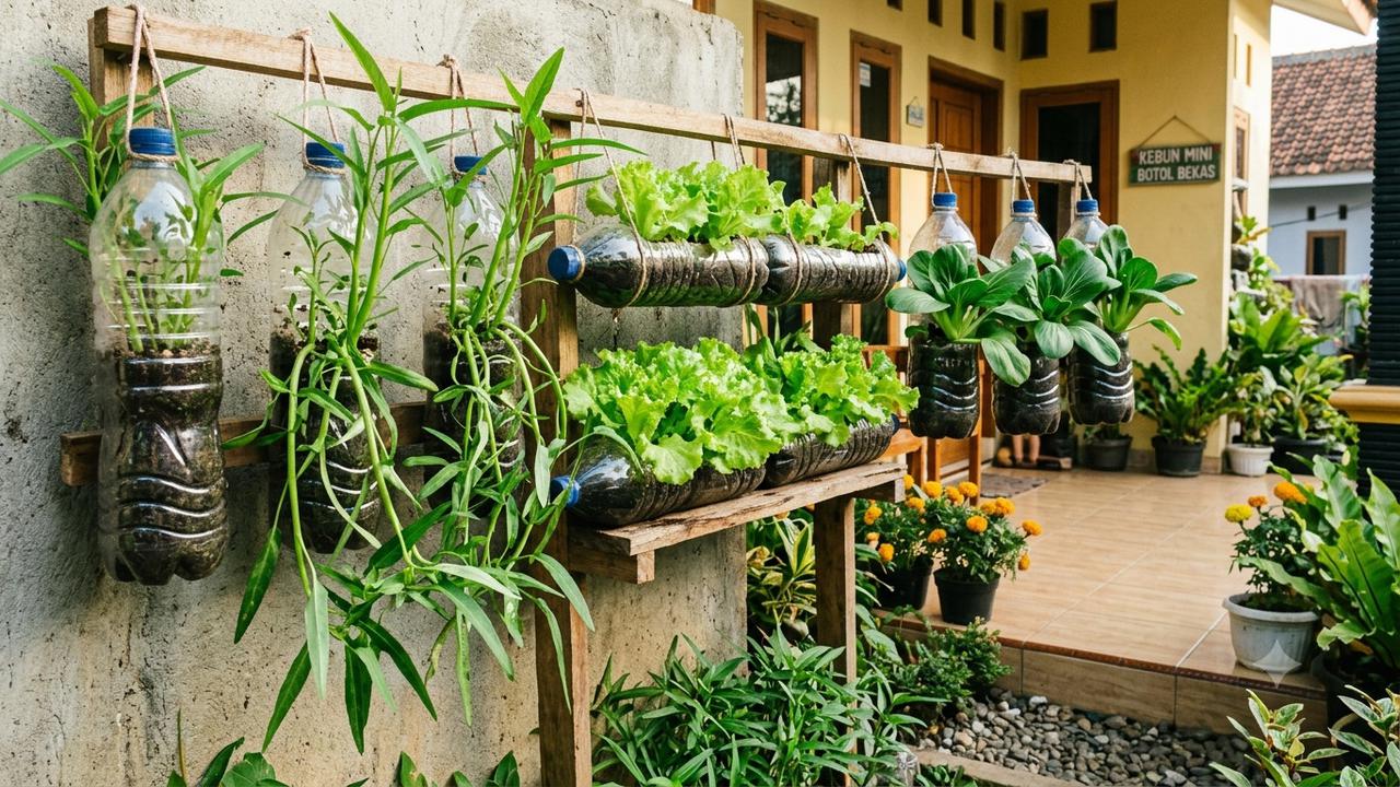 Inspirasi Berkebun Hemat Tanpa Membeli Pot Tanaman Model Botol Plastik Bekas untuk Menanam Kangkung, Selada dan Pakcoy