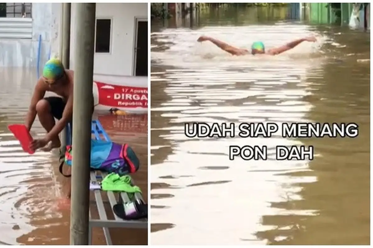 Viral Pemuda Pakai Perlengkapan Bak Atlet Renang di Genangan Banjir