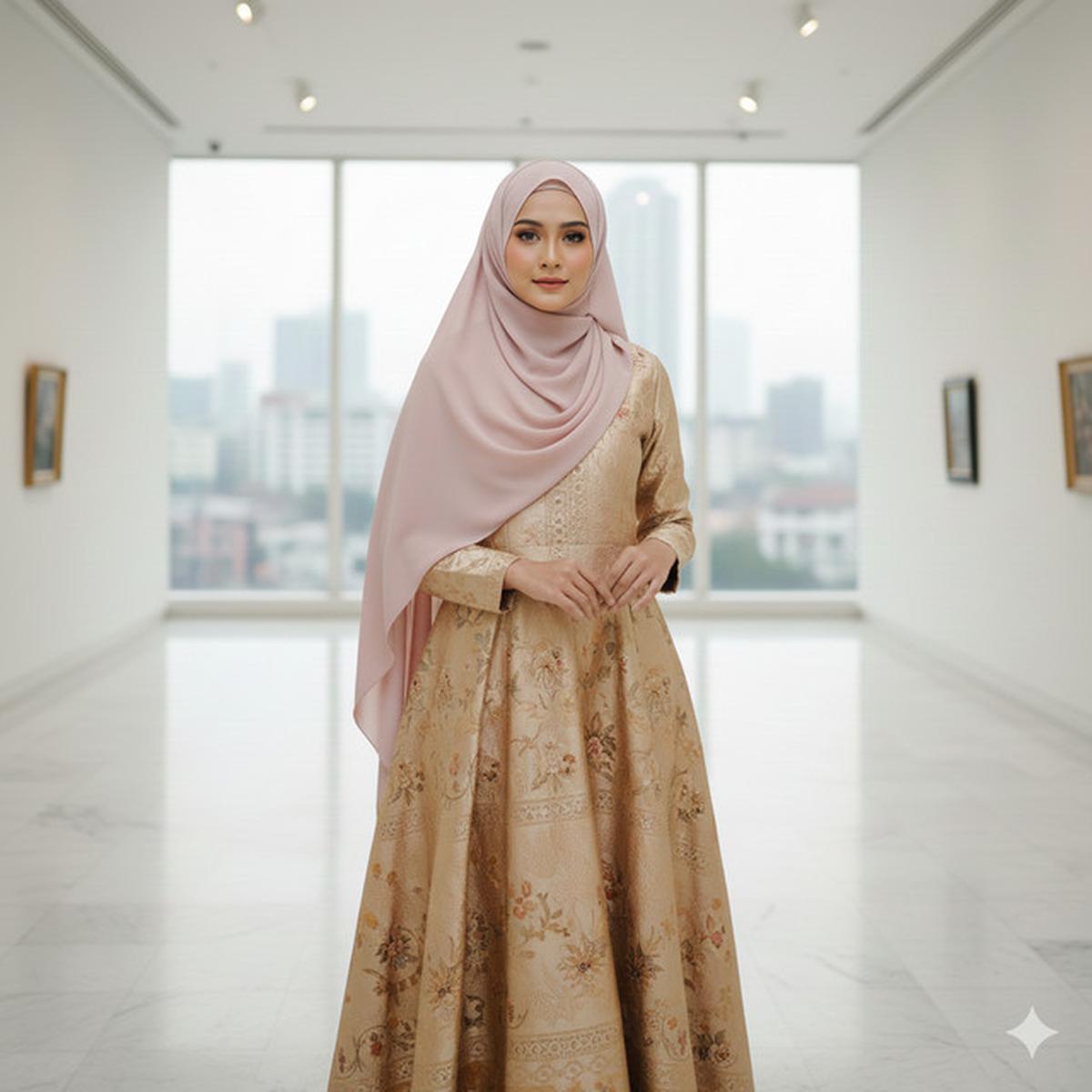 Gamis Batik Brokat Warna Champagne Cocok dengan Kerudung Apa? Ini 7 Rekomendasinya yang Elegan