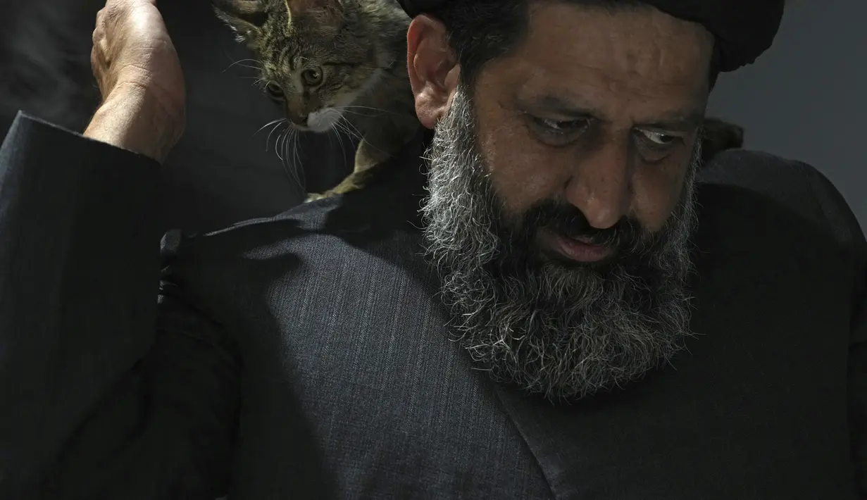 Seekor kucing liar yang terluka berjalan di bahu ulama Iran Sayed Mahdi Tabatabaei setelah perawatan di sebuah klinik hewan di Teheran, Iran, Jumat, 19 Mei 2023. (AP Photo/Vahid Salemi)