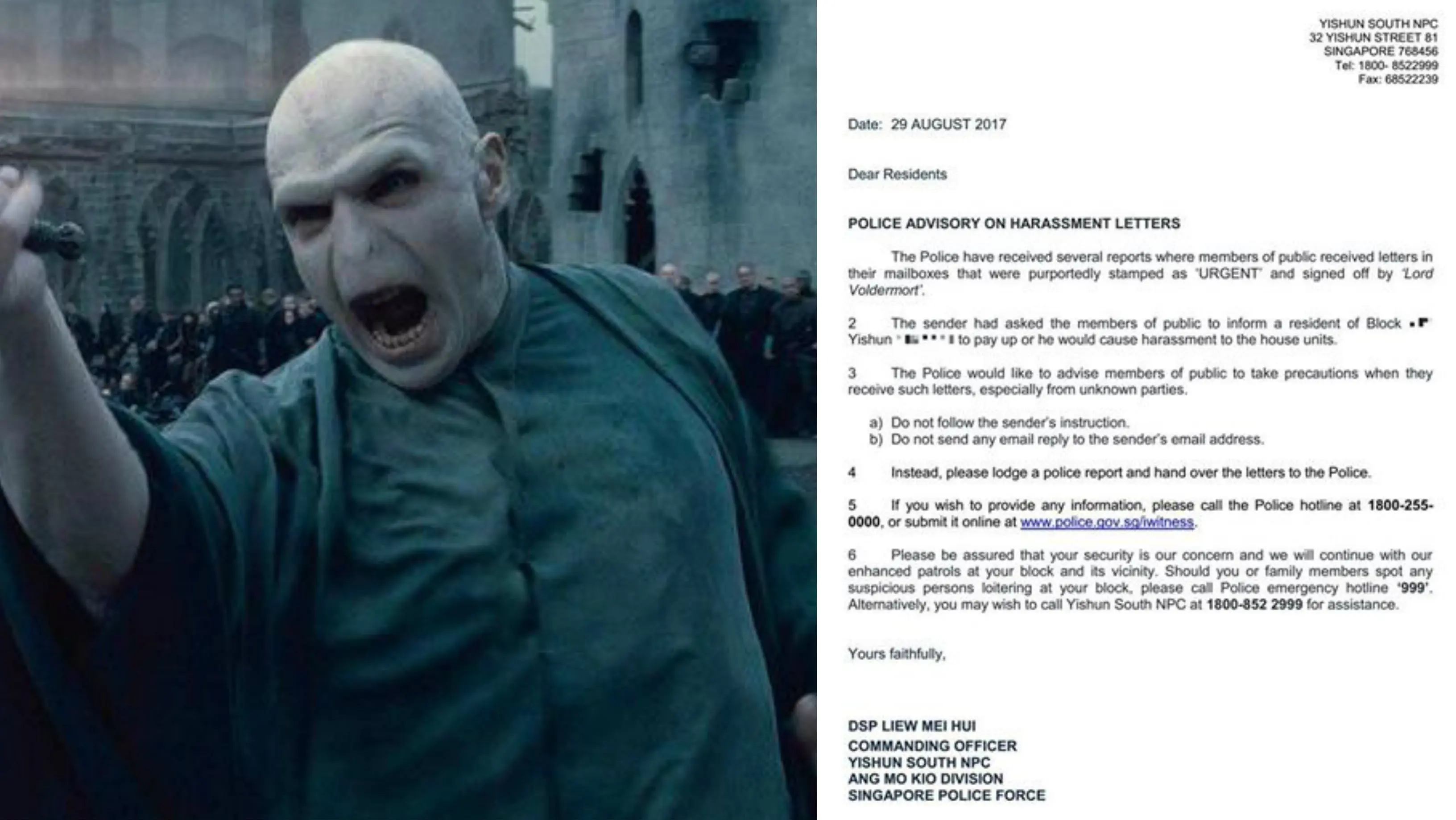 Surat imbauan polisi terkait teror 'Lord Voldemort'. (BBC/Facebook Lee Bee Wah)