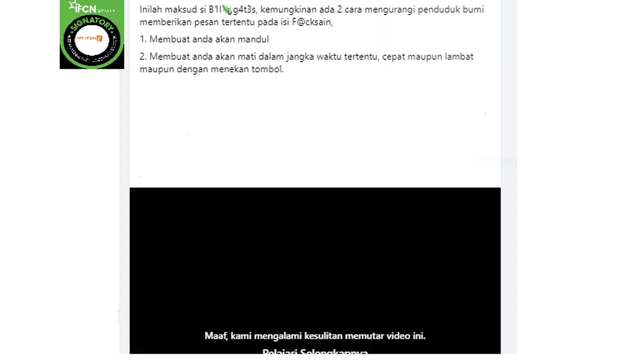 Tangkapan layar klaim vaksin membuat mandul untuk mengurangi penduduk bumi