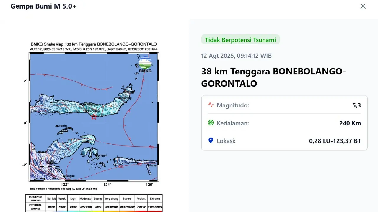 Gempa hari ini, Selasa (12/8/2025) pada pukul 09:14:12 WIB terjadi di Bone Bolango, Provinsi Gorontalo.