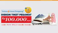 Beli tiket pesawat di Tiket.com melalui aplikasi mobile pelanggan akan mendapat diskon Rp 100.000/kursi (berlaku kelipatan).