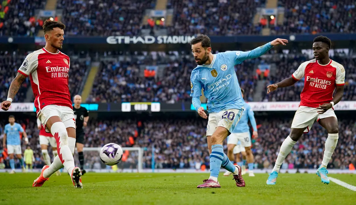 Hasil imbang ini membuat The Citizen tertahan di posisi tiga dengan 64 poin dari 29 laga atau selisih satu poin dari Arsenal yang berada di tempat kedua klasemen sementara Liga Inggris 2023/2024. (AP Photo/Dave Thompson)