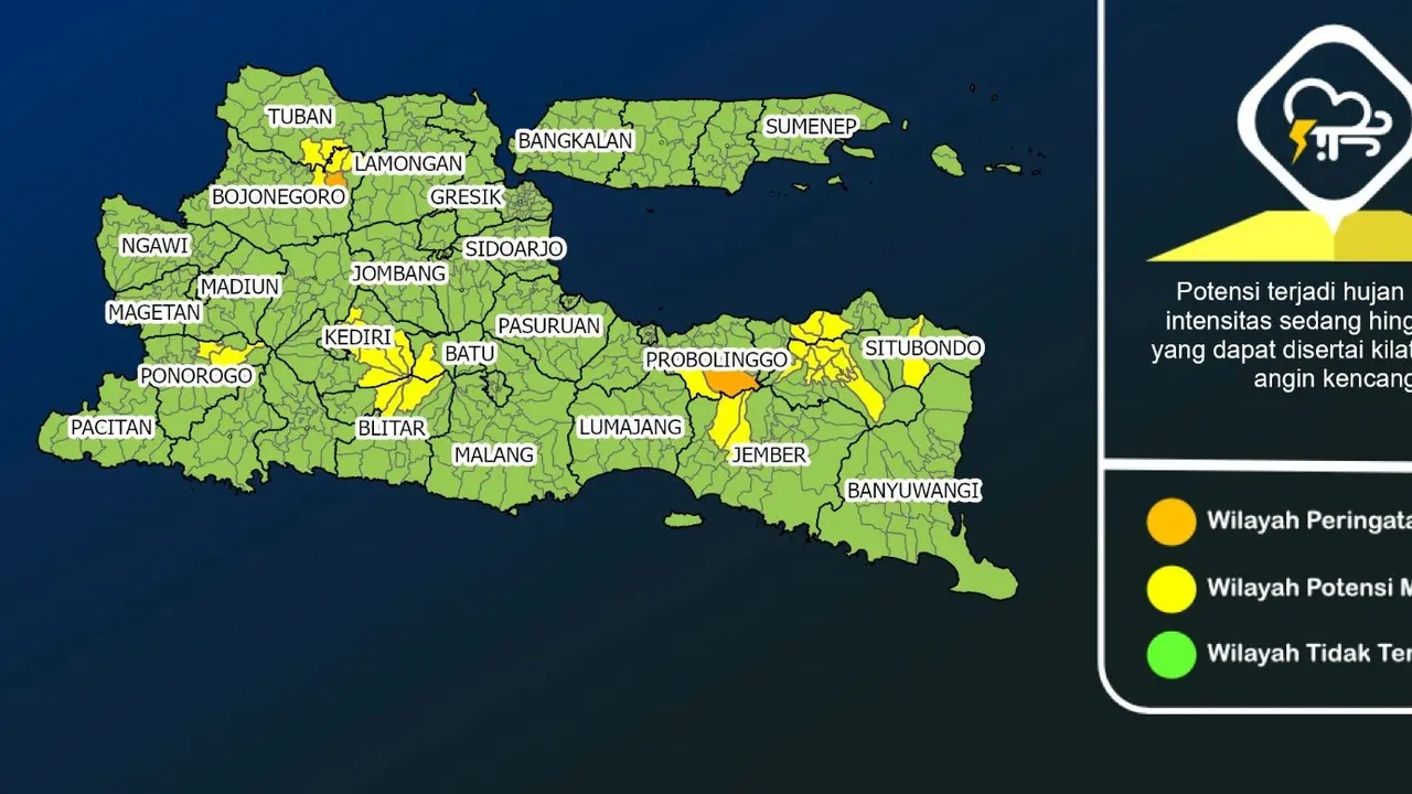 BMKG Klas I Juanda Sidoarjo mengimbau masyarakat  agar selalu meningkatkan kewaspadaan sebab hujan dengan intensitas sedang hingga lebat masih berpeluang terjadi di beberapa wilayah Jatim. (Istimewa)