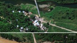 Kombinasi dua gambar satelit yang disediakan oleh Maxar Technologies ini menunjukkan di atas, pemandangan 18 Januari 2022 dari jembatan di atas Rio Grande de Arecibo sebelum melewati Badai Fiona, di Arecibo, Puerto Rico, dan foto setelah berlalunya Badai Fiona, pada Rabu, 21 September 2022. (Citra satelit © 2022 Maxar Technologies via AP)