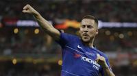 Winger Chelsea Eden Hazard merayakan golna ke gawang Arsenal pada final Liga Europa di Olympic stadium in Baku, Azerbaijan, Kamis (30/5/2019) dini hari WIB. (AP Photo/Luca Bruno)
