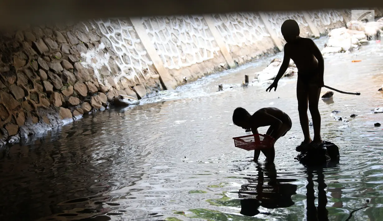 Anak-anak bermain sambil mencari ikan di Kali Pancoran, Jakarta, Jumat (14/9). Meski air kali yang keruh dan kotor dapat menyebabkan gangguan kesehatan, tidak menyurutkan niat anak-anak tersebut untuk tetap bermain. (Liputan6.com/Immanuel Antonius)