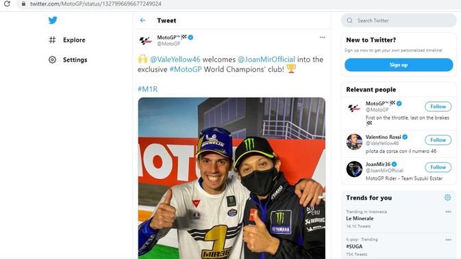 Valentino Rossi menyambut gembira kemenangan Joan Mir di ajang MotoGP 2020 (Twitter MotoGP)