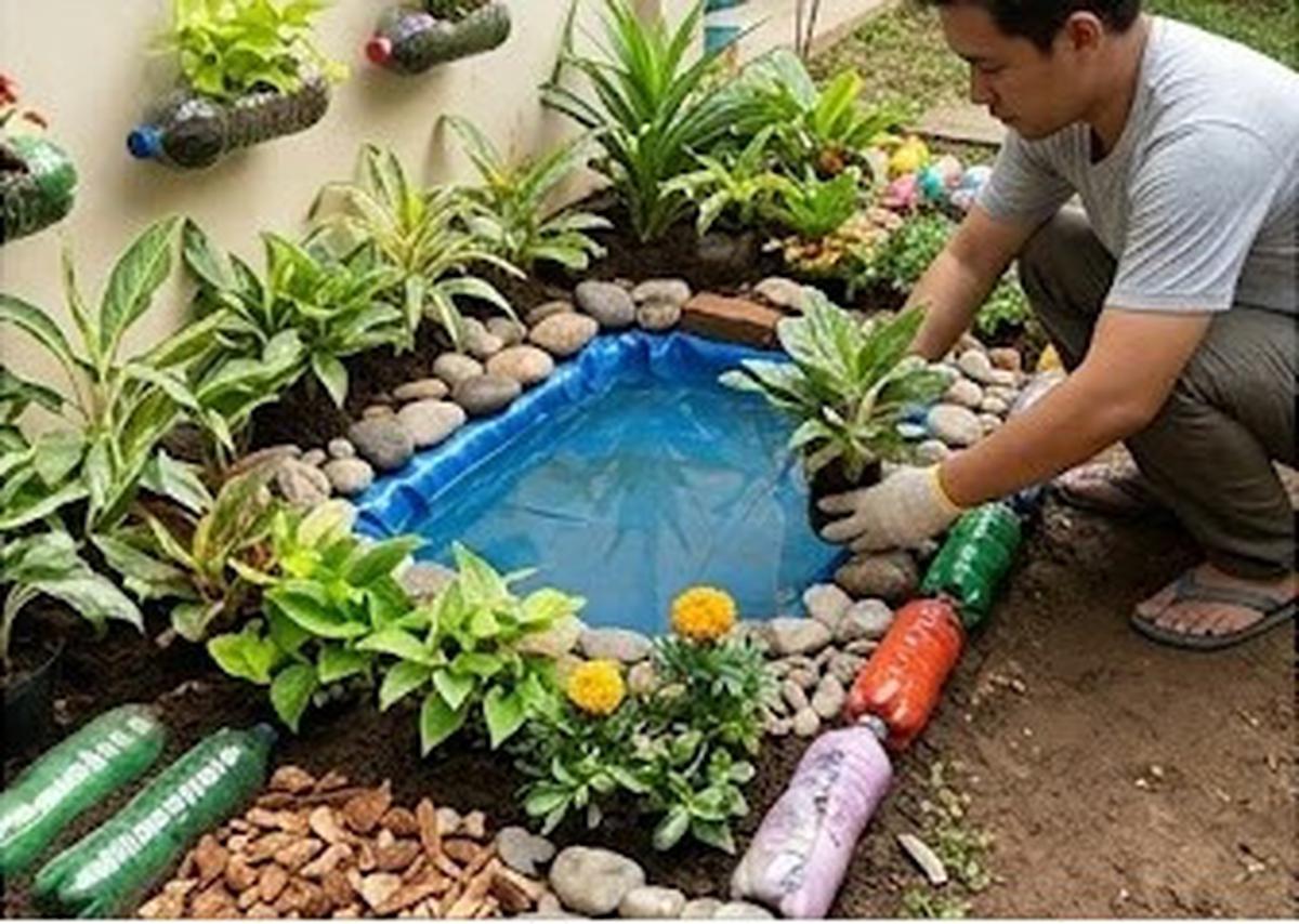 Cara Membuat Taman Kecil dan Kolam Ikan Hias dari Botol Bekas