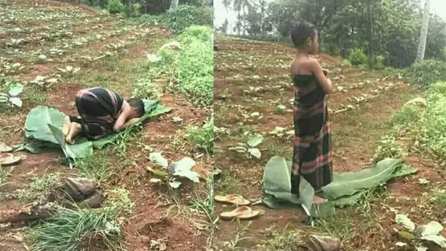 Seorang bocah salat di kebun (ana_khoz/twitter.com)