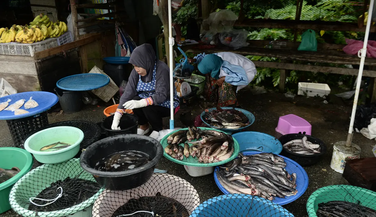 Seorang wanita muslim menjual ikan di pinggir jalan di Narathiwat, provinsi selatan Thailand (19/12). Narathiwat adalah tiga provinsi Thailand yang mempunyai jumlah umat Muslim yang besar. (AFP Photo/Lillian Suwanrumpha)