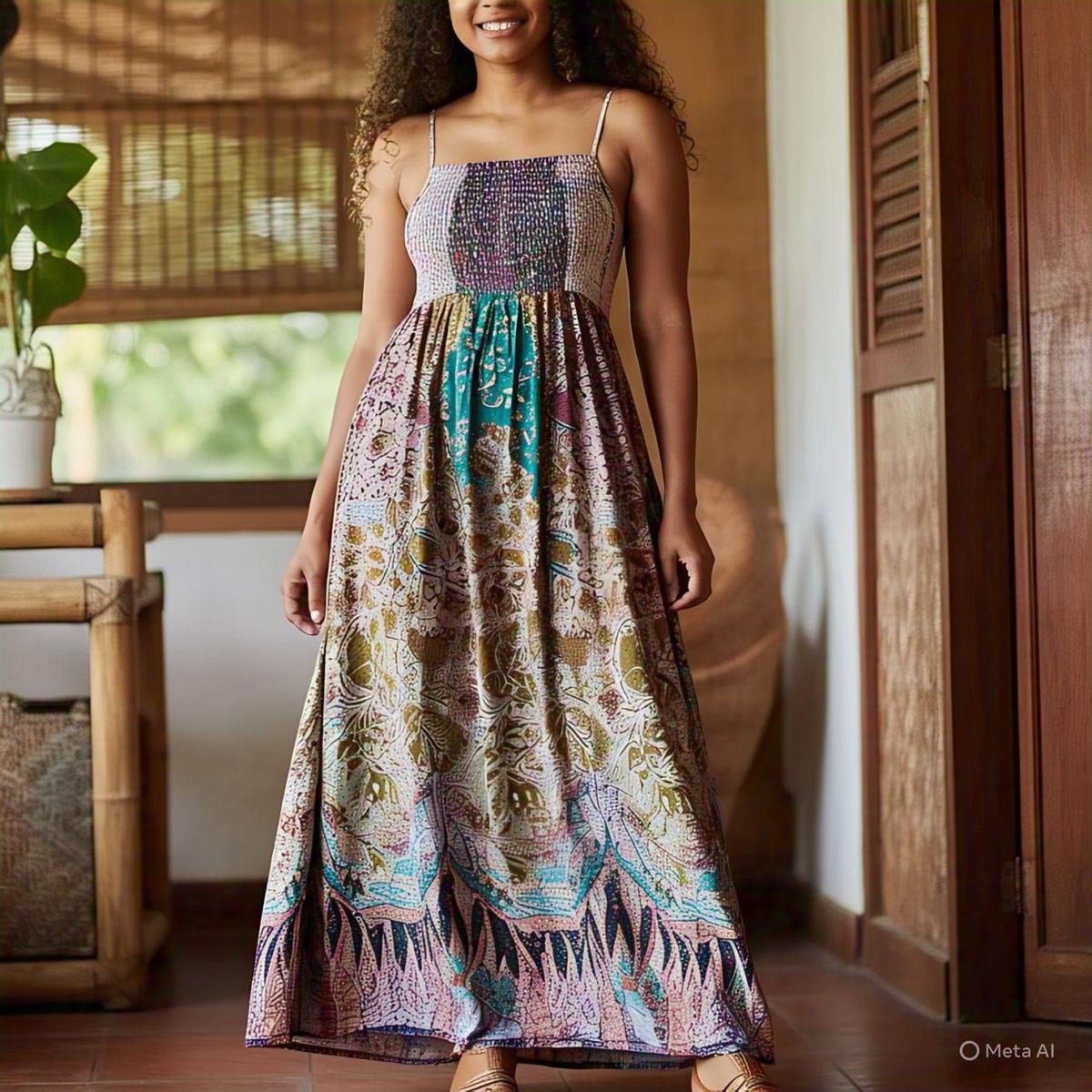 Ilustrasi Dress Batik Maxi Potongan Empire Waist