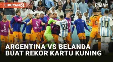 Duel sengit tersaji di babak perempat final Piala Dunia 2022 Jumat (9/12/2022) waktu setempat. Selama pertandingan, laga Belanda vs Argentina diwarnai 18 kartu kuning dan 1 kartu merah. Ini menjadi rekor kartu kuning terbanyak dalam sejarah Piala Dun...