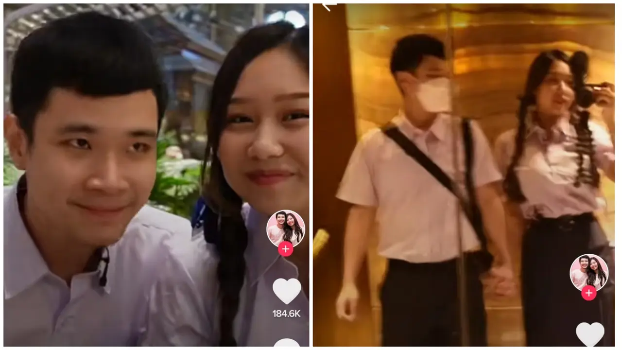 Gaya Jess No Limit dan Sisca Kohl pakai seragam SMA Thailand saat bulan madu di Bangkok (Foto: TikTok @siscakohl)