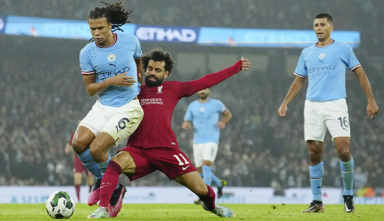Kejar-mengejar gol terjadi pada laga ini. City tiga kali memimpin masing-masing berkat gol Erling Haaland, Riyad Mahrez, dan Nathan Ake. (AP Photo/Jon Super)