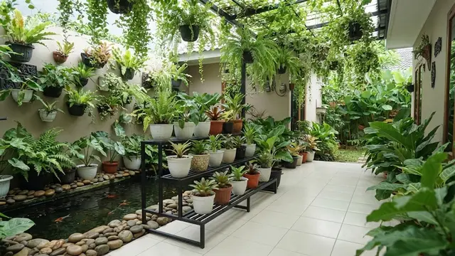 Tanaman Pot dan Vertical Garden dengan Kolam Ikan