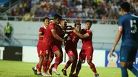 Para pemain Timnas Indonesia U-23 melakukan selebrasi merayakan gol ke gawang Thailand pada semifinal Piala AFF U-23 2023, Kamis (24/8/2023) malam WIB. (Dok. PSSI)