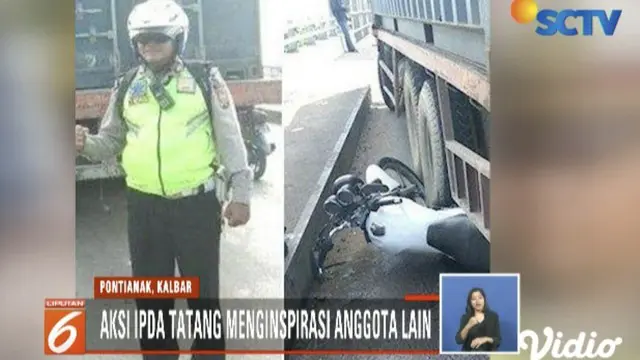 Seorang polisi di Pontianak, Kalimantan Barat, relakan motor dinasnya untuk hentikan laju truk yang mengalami rem blong.