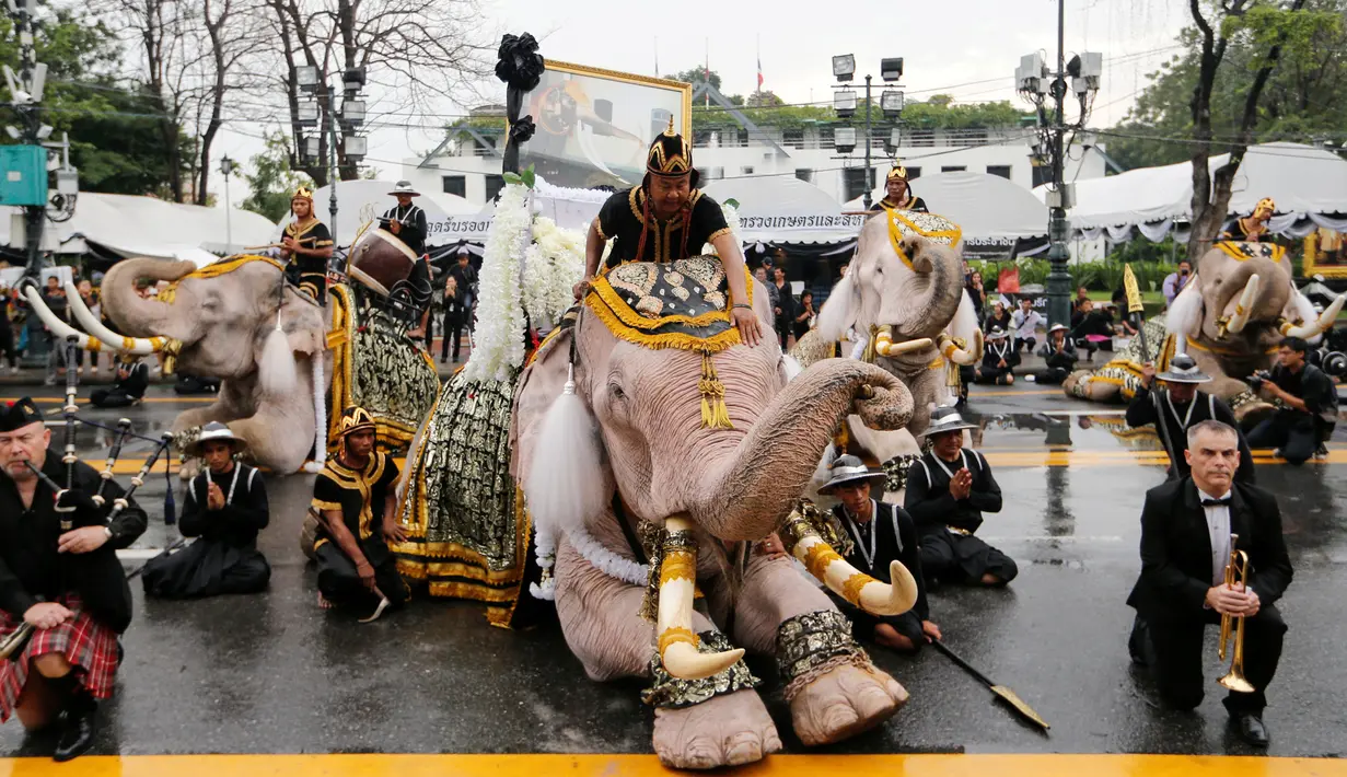 Gajah Ayutthaya ditunggangi pawangnya duduk memberikan penghormatan untuk mendiang Raja Thailand Bhumibol Adulyadej di depan Royal Palace, Bangkok, Thailand (8/11). Bagi orang Thailand gajah merupakan penjelmaan dari salah satu dewa.(Reuters/Jorge Silva)