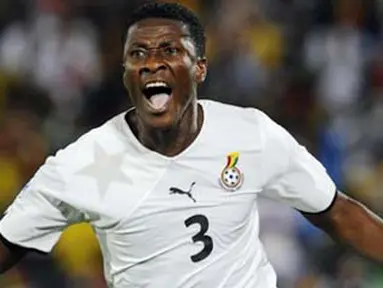 Selebrasi gol striker Ghana Asamoah Gyan ke gawang Serbia di laga penyisihan Grup D PD 2010 di Loftus Verfeld Stadium, Pretoria, 13 Juni 2010. Ghana unggul 1-0. AFP PHOTO / GIANLUIGI GUERCIA 