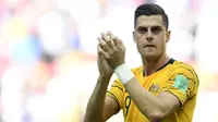 Striker Timnas Australia, Tomi Juric, seusai pertandingan melawan Prancis di Piala Dunia 2018. (AFP/Saeed Khan)