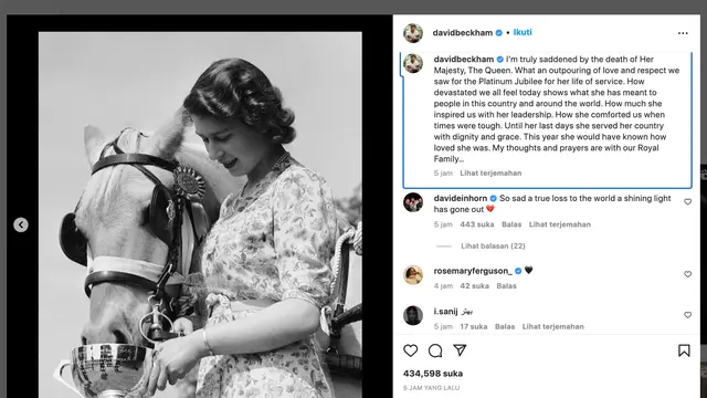Unggahan David Beckham soal meninggalnya Ratu Elizabeth II. (Foto: Dok. Instagram @davidbeckham)