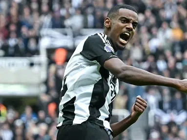 Pemain Newcastle United, Alexander Isak, melakukan selebrasi setelah mencetak gol  ke gawang Arsenal pada laga pekan ke-10 Premier League 2024/2025 di Stadion St James' Park pada Sabtu (2/11/2024). (AFP/Paul Ellis)