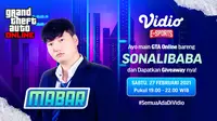 Live streaming mabar GTA V bersama Sonalibaba, Sabtu (27/2/2021) pukul 19.00 WIB dapat disaksikan melalui platform Vidio, laman Bola.com, dan Bola.net. (Dok. Vidio)