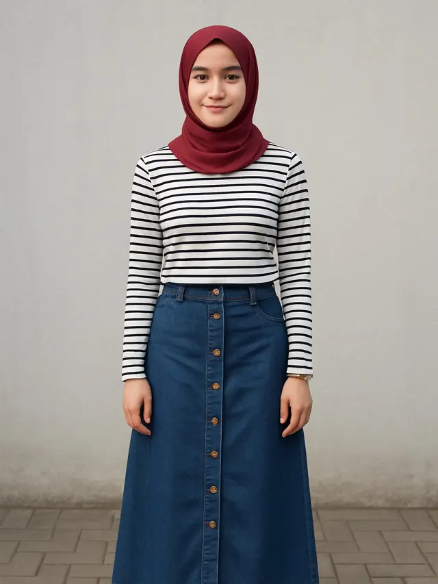 Rok Jeans Kancing Depan dan Kaos Stripe (Foto: ChatGPT)