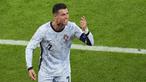 Ekspresi kesal pemain Portugal, Cristiano Ronaldo saat laga Grup F Euro 2024 melawan Georgia di Arena AufSchalke, Gelsenkirchen, Jerman, Kamis (27/06/2024) dini hari WIB. (AP Photo/Andreea Alexandru)