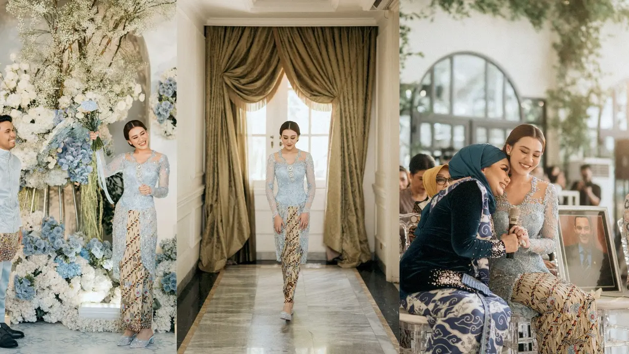 6 Potret Anggunnya Aaliyah Massaid Kenakan Kebaya Baby Blue saat Terima Lamaran Thariq Halilintar, Ditemani Foto Mendiang Adjie Massaid
