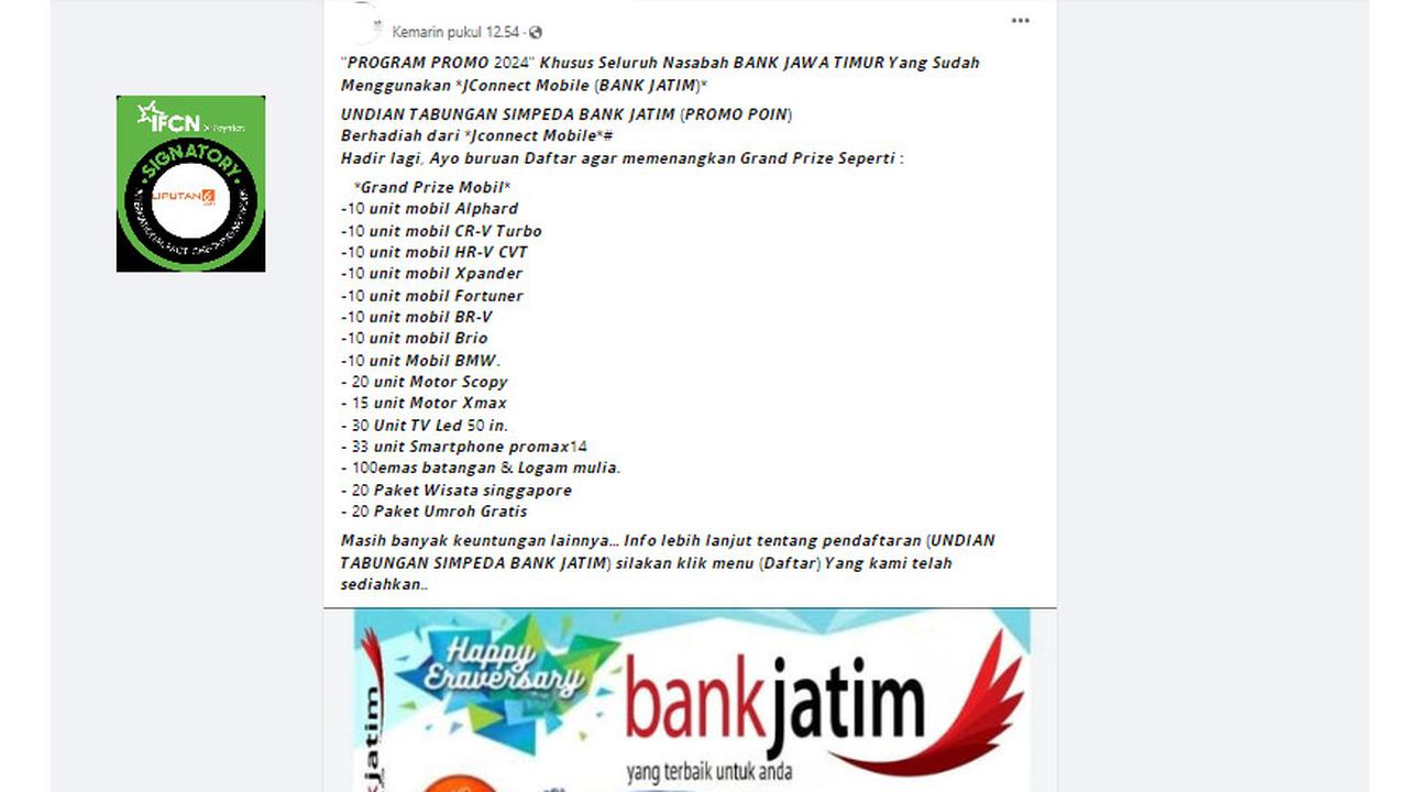 Tangkapan layar klaim pendaftaran undian tabungan simpeda Bank Jatim