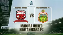 Ilustrasi Madura United versus Bhayangkara FC, BRI Super League. (Bola.com/AI)