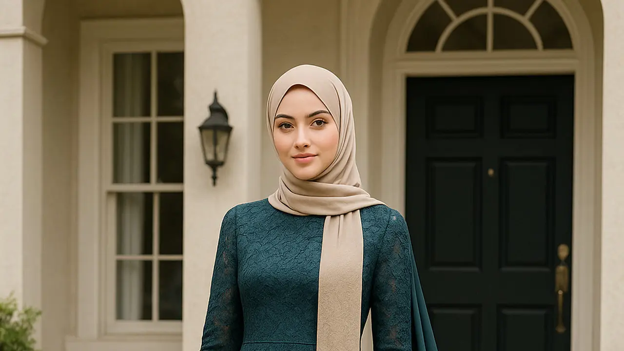 Model Gamis Brokat Selendang Bahu