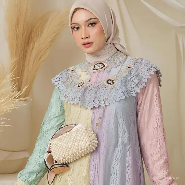 Model Payet Melingkar Kontras pada Gamis Brokat Pastel
