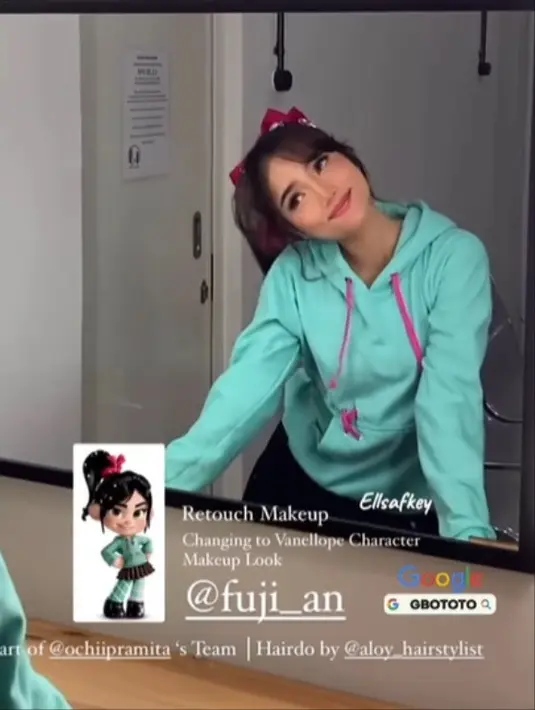 Fuji juga menghadiri acara ulang tahun sang sahabat sebagai karakter Vanellope von Schweetz. Ia mengenakan hoodie bernuansa biru muda laut dan menata rambutnya persis seperti karkater Vanellope. [Foto: Instagram/love.fujiann]