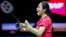 Pebulu tangkis tunggal putri Korea Selatan, An Se Yong merayakan kemenangan atas wakil China, Wang Zhi Yi pada babak semifinal Indonesia Open 2024 di Istora Senayan, Jakarta, Sabtu (08/06/2024). (Bola.com/Syakhist Afi Daib)